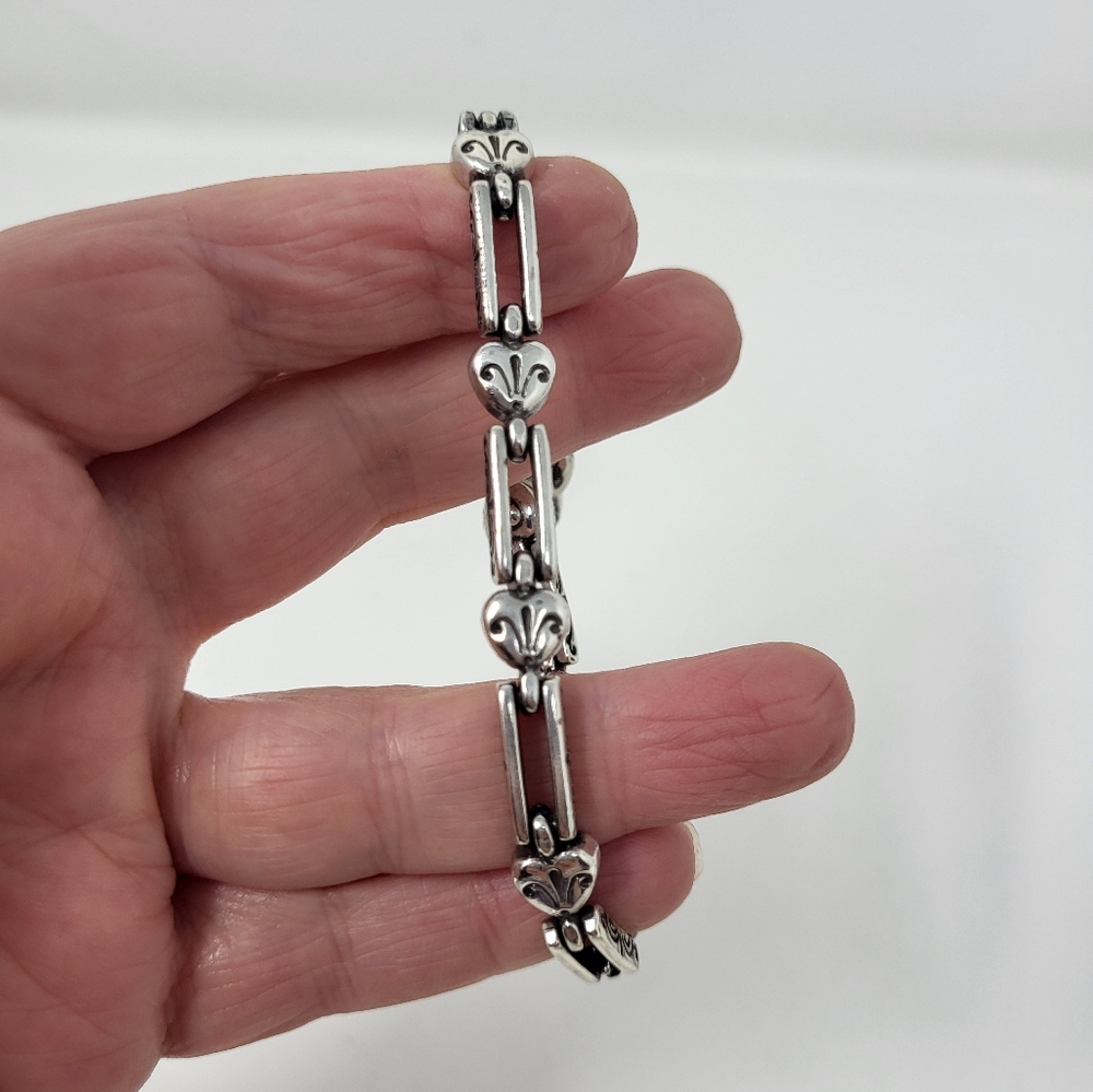 Brighton Women Etched Pompeii Hearts Scrolled Bar Bracelet Silver Plated